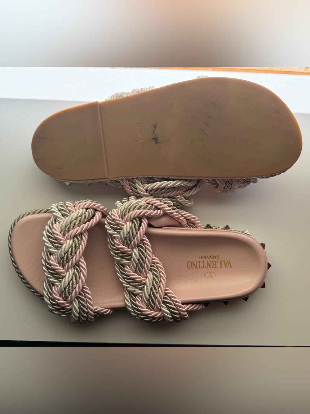Valentino Garavani Pink and Silver Braided Rope Slide Sandals